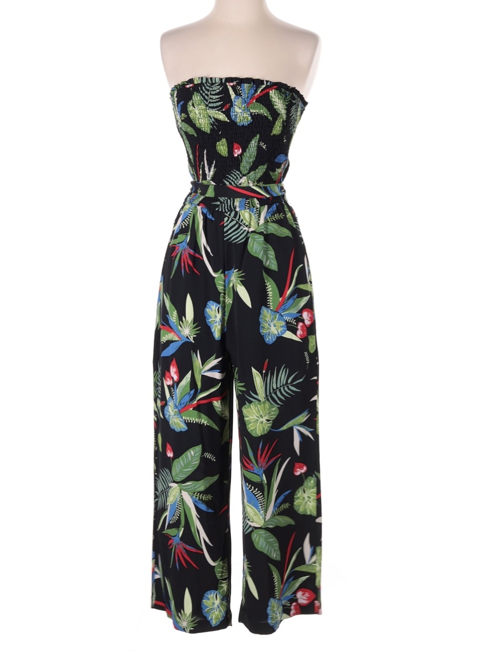 fab'rik Black Strapless Tropical Print Jumpsuit